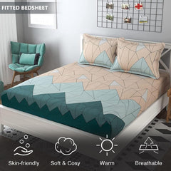 King Size Bedsheet With Two Pillow Cover (Size - 78 X 72 Inches, Beige & Green) | Elastic Fitted Floral Bedsheet | Best For Festival Gifting