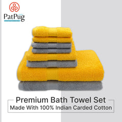 Patpug 100% Indian Cotton Plush Towel Set 2000 Gsm | Highly Absorbent, Fade Resistant, Quick Drying 2 Bath, 2 Hand & 4 Face Towel (Silver Grey & Sunrise Yellow) - 8 Piece