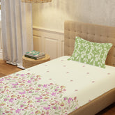 100% Cotton Bedsheet For Single Bed With 1 Pillow Cover, (Size 58 X 90 Inches) Cream & Sage Green | Soft And Comfortable For All Season | 200 Thread Count