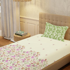 100% Cotton Bedsheet For Single Bed With 1 Pillow Cover, (Size 58 X 90 Inches) Cream & Sage Green | Soft And Comfortable For All Season | 200 Thread Count