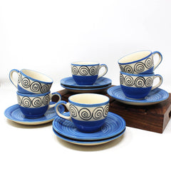 Blue Swirl Ceramic Cups & Saucers Set Of 6 | Tea Cup Set Of 6 Cups + 6 Saucers For Tea, Coffee, Hot Drinks - 12 Pieces, 150ml, Microwave Safe