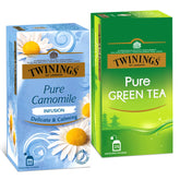 Twinings Pure Green Tea + Pure Camomile Tea - Green & Herbal Infusion Two Tea Combo Pack Of 2 | Caffeine Free Herbal Tea For Anxiety & Stress Relief - 25 Teabags Each