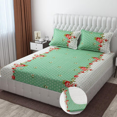 Heavy Cotton Elastic Fitted Bedsheet For King Size With 2 Matching Pillow Covers - 72 X 78 X 10 Inch, Green & White | Super Soft Breathable & Wrinkle Free