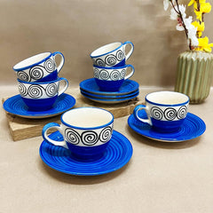 Blue Swirl Ceramic Cups & Saucers Set Of 6 | Tea Cup Set Of 6 Cups + 6 Saucers For Tea, Coffee, Hot Drinks - 12 Pieces, 150ml, Microwave Safe