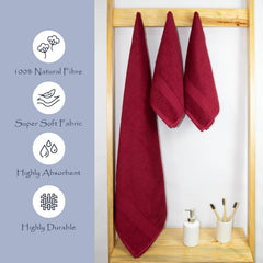 Rangoli 100% Cotton Fibre 1 Bath & 2 Hand Towel 900 Gsm | Highly Durable & Super Absorbent Towel | Skin-Friendly & Quick Drying Luxury Towels (Maroon) - Pack Of 3