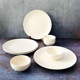Subhra Handcrafted Ceramic Dinner Set - 8 Pieces | 4 Dinner Plates + 4 Katori Bowls, 180ml Each | Matte Finish White Dinnerware Set | Serving For 4, Microwave Safe & Dishwasher Safe