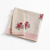 Peepul Tree Block Printed Hand & Bath Towels 240 Gsm | Super Absorbent, Soft & Faster Drying, Floral Printed 100% Pure Cotton (White & Pink Roses)