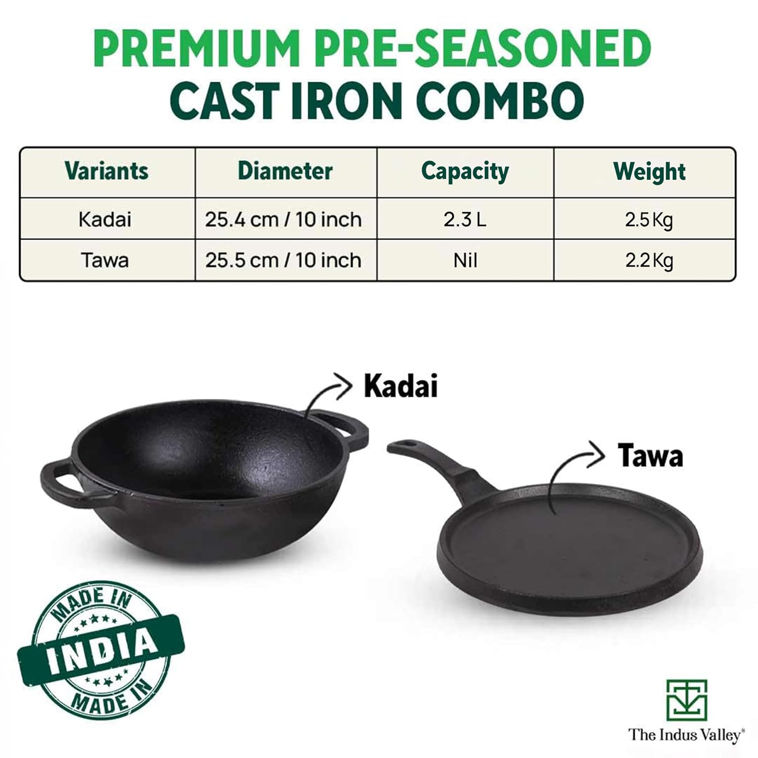 Pre-Seasoned Cast Iron Cookware Set - Kadai 25.4cm, 2.3 Liters + Tawa 25.5cm | Kitchen Cooking Combo Pots & Pans Set Of 2 Pcs - Naturally Nonstick Pre-Seasoned Cast Iron Cookware Set - Kadai 25.4cm, 2.3 Liters + Tawa 25.5cm | Kitchen Cooking Combo Pots & Pans Set Of 2 Pcs - Naturally Nonstick