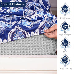 Super Soft Single Fitted Bedsheet With 1 Pillow Cover | 57 X 78 + 6 Inches, Blue & White - Perfect For Use In Bedrooms, Guest Rooms, Dormitories