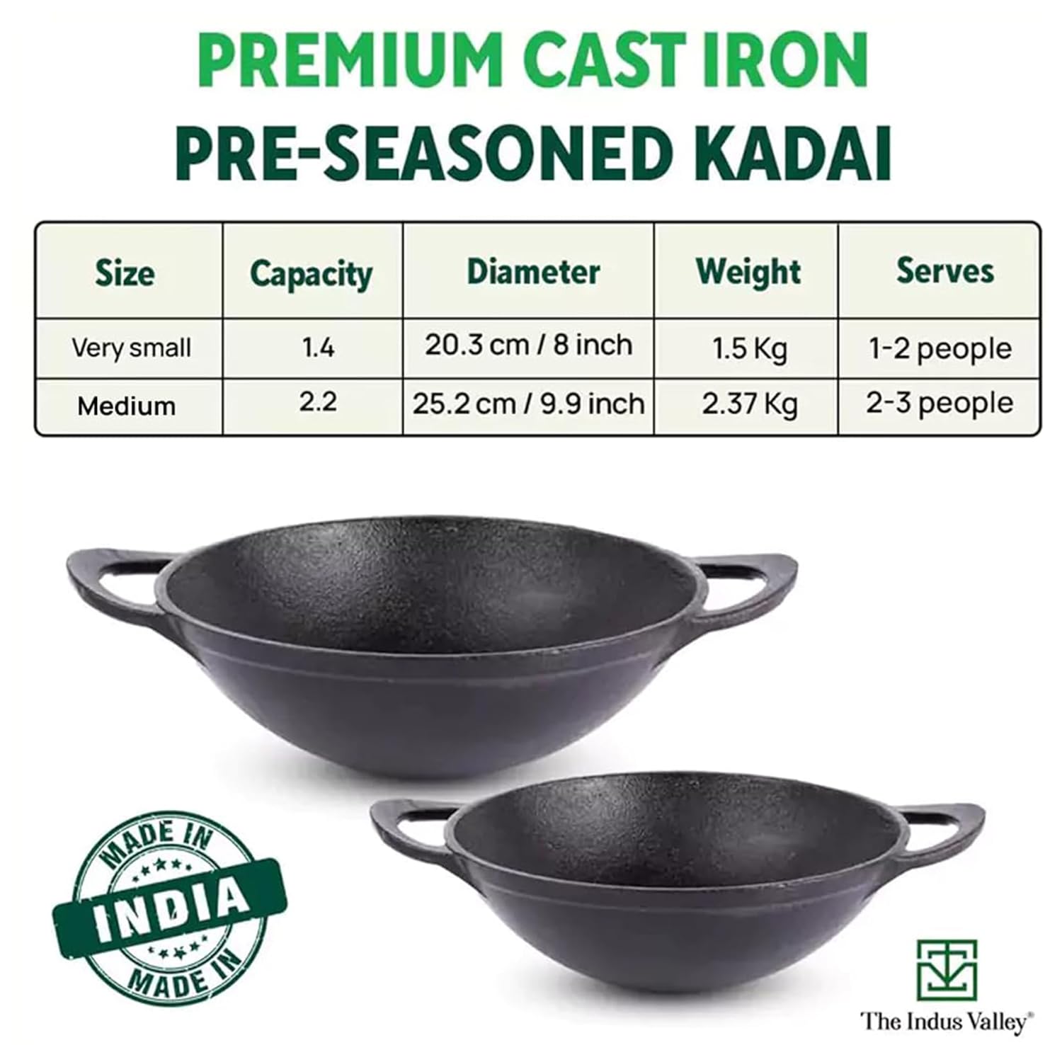 Pre-Seasoned Black Cast Iron Kadai With Curve Handle - Medium, 25.2cm, 10 Inch, 2.2 Liters, 2.3 Kg | Gas Compatible, Naturally Nonstick, 100% Pure & Toxin-Free Pre-Seasoned Black Cast Iron Kadai With Curve Handle - Medium, 25.2cm, 10 Inch, 2.2 Liters, 2.3 Kg | Gas Compatible, Naturally Nonstick, 100% Pure & Toxin-Free