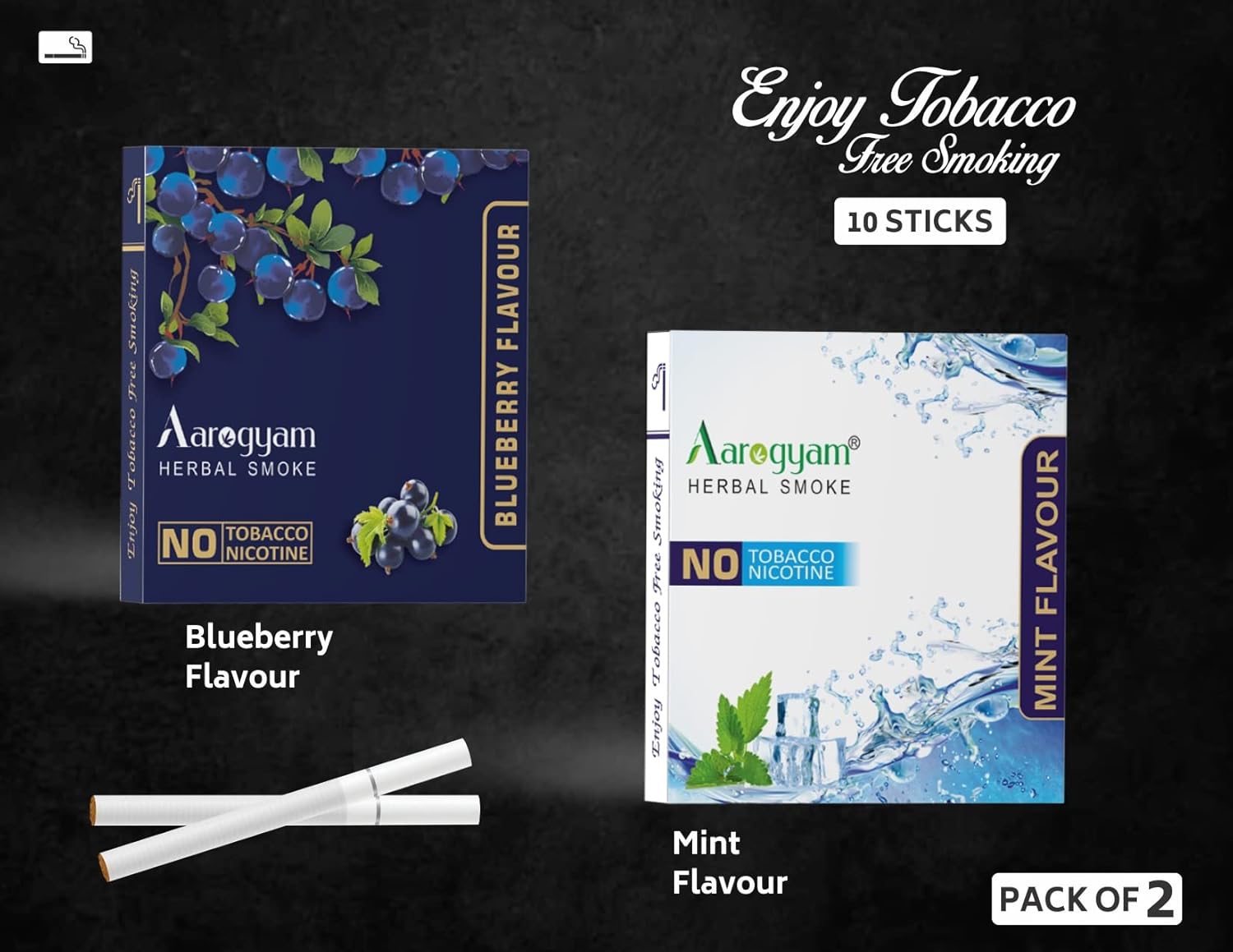 Aarogyam Herbals Pack Of 2 Flavours 100% Tobacco & Nicotine Free Cigarette For Relieve Stress & Mood Enhance Product Mint, Blueberry - 10 Sticks X 2 Packets Aarogyam Herbals Pack Of 2 Flavours 100% Tobacco & Nicotine Free Cigarette For Relieve Stress & Mood Enhance Product Mint, Blueberry - 10 Sticks X 2 Packets