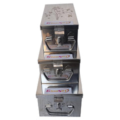 3 Sizes Stainless Steel Rectangular Jewellery Box Bank Locker Safe Storage Cash Peti Bank Box Container Set 8-Inch, 10.23-Inch, 12.2-Inch, Printed Laser Design, Colour - Silver