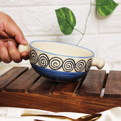 Blue Swirl Ceramic Snack Bowls With Handles - 2 Pieces, 300ml Each | Hand Painted Handled Soup Bowls - Ceramic Snacks Serving Bowls Set | Microwave Safe & Dishwasher Safe