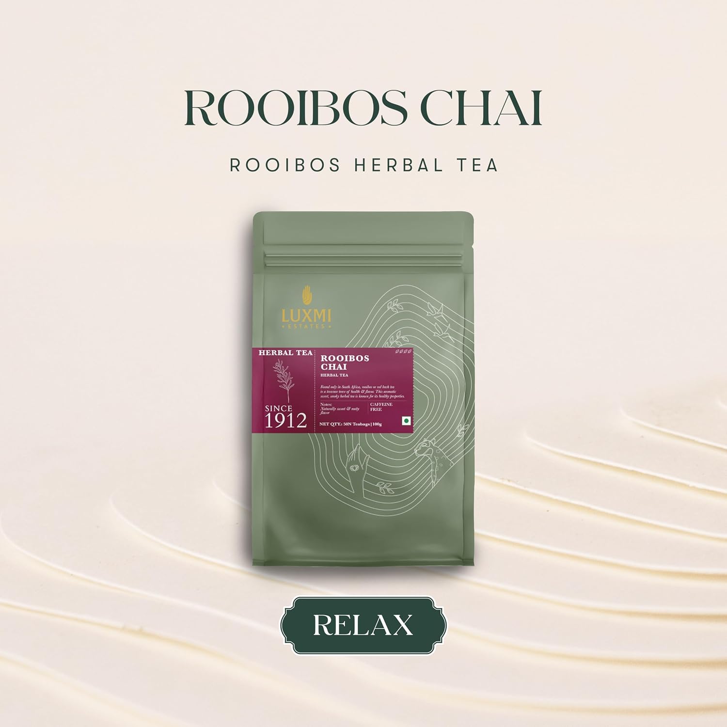 Luxmi Estates Rooibos Chai Herbal Tea - 100gm, 3.5 Ounce, 50 Tea Bags | USDA Certified Organic Tea - Caffeine Free Herbal Tea Bags | Antioxidant Rich Herbal Beverage For Relaxation & Wellness Luxmi Estates Rooibos Chai Herbal Tea - 100gm, 3.5 Ounce, 50 Tea Bags | USDA Certified Organic Tea - Caffeine Free Herbal Tea Bags | Antioxidant Rich Herbal Beverage For Relaxation & Wellness