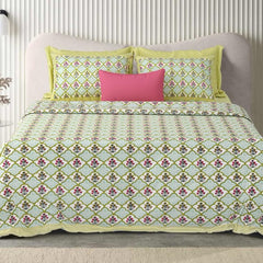 Double Bedsheet For King Size With 2 Matching Pillow Covers (90 X 108 Inches) Green & Pink | Pure Cotton Jaipuri Bedsheet | Cotton Bedsheet Is Suitable For All Seasons