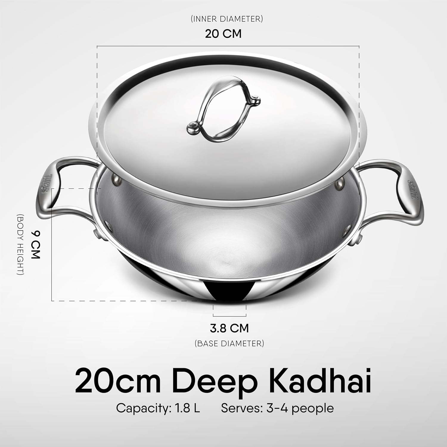 Artisan Triply Stainless Steel Round Bottom Kadhai With Lid 1.8 Liters, 20cm | Extra Deep Kadai Artisan Triply Stainless Steel Round Bottom Kadhai With Lid 1.8 Liters, 20cm | Extra Deep Kadai