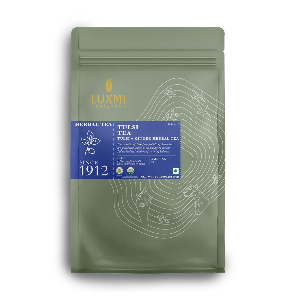 Luxmi Estates Tulsi + Ginger Herbal Tea - 100gm, 3.5 Ounce, 50 Tea Bags Each | USDA Certified Organic Tea - Caffeine Free Herbal Tea | Immune Support, Relief & Uplift Mood