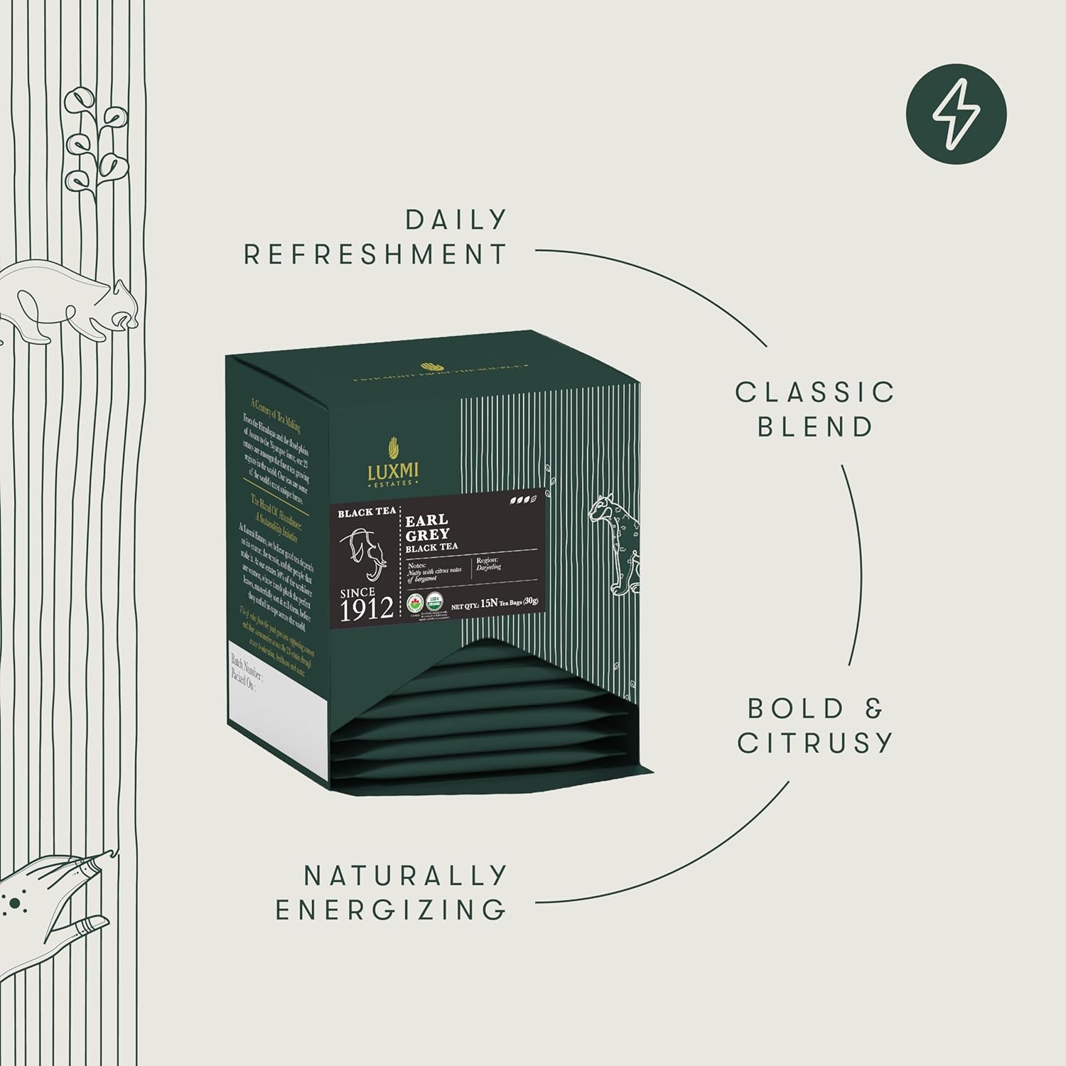 Luxmi Estates Earl Grey Black Tea - 30gm, 1.05 Ounce, 15 Tea Bags | USDA Organic Certified Tea - 100% Natural Bergamot Extracts | High Caffeine Black Tea Luxmi Estates Earl Grey Black Tea - 30gm, 1.05 Ounce, 15 Tea Bags | USDA Organic Certified Tea - 100% Natural Bergamot Extracts | High Caffeine Black Tea