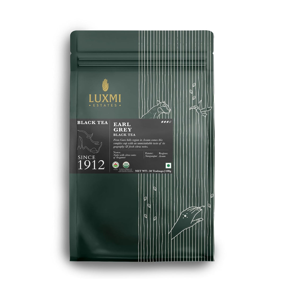Luxmi Estates Earl Grey Black Tea - 100gm, 3.5 Ounce, 50 Tea Bags | USDA Organic Certified Tea - 100% Natural Bergamot Extracts | High Caffeine Black Tea