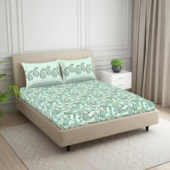 Double Bedsheet With 2 Pillow Covers (Size 88 X 100 Inch) Light Blue | Breathable Pure Cotton Queen Size Bedsheet | Floral Design Bedsheet