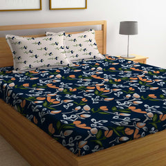 Double Bed Bedsheet With 2 Pillow Covers - 72 X 78 X 10 Inches, Navy Blue & Beige | Elastic Fitted Printed King Size Bedsheet | Soft, Breathable & Wrinkle-Free