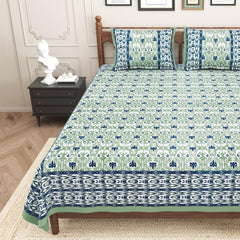 Pure Cotton King Size Bedsheet 2 Matching Pillow Covers | 100x108 Inches, Green & Blue | Traditional Jaipuri Printed Bedsheet | Ideal Wedding Gift, Housewarming, Special Occasion Surprise