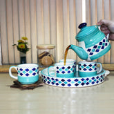 Hand Painted Turquoise Checkered Tea Set With Kettle | Ceramic Tea Kettle Set With 4 Cups, 150ml Each + 1 Kettle, 700ml + 1 Tray | 6 Pieces - Microwave Safe & Dishwasher Safe