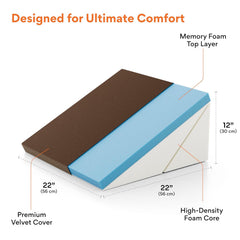 Memory Foam Bed Wedge Pillow For Sleeping, Wedge Pillow, Brown - Standard Size - 22 X 22 X 12 Inch | Wedge Pillow For Back Support, Acid Reflux, Snoring, Pregnancy, Adjustable Pillow