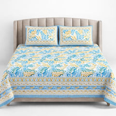 Jaipuri Cotton Bedsheet For King Size With 2 Pillow Covers | 90 X 108 Inches, Sky Blue & Yellow | Ultra-Soft & Skin-Safe | Breathable Summer Comfort