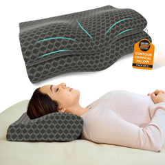 Cooling Gel Memory Foam Cervical Neck Pillow, For Pain Relief, Size - 19 X 12 X 4 Inch | Soft Pillow For Spinal Alignment, Neck Pain Relief | Black Jacquard Cover - Pack Of 2