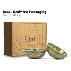 Ceramic Carving Medium Serving Bowls Set Of 2 Pcs - 630ml Each, Mehndi Green Carving | Premium Ceramic Bowls - Medium Size | Microwave Safe Bowls - Bowl Sets With Glossy Finish | Ceramic Bowl