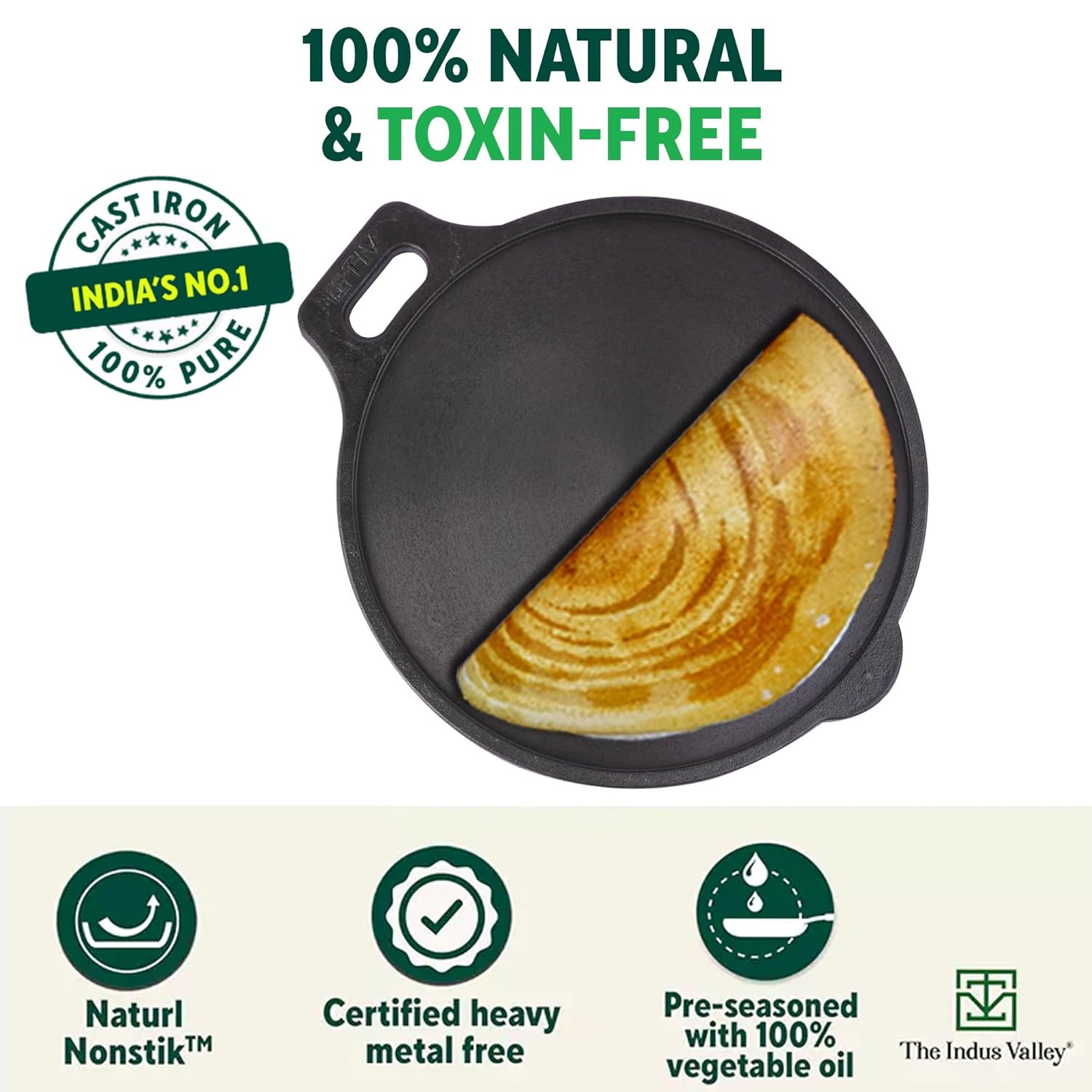 Super Smooth Cast Iron Tawa For Dosa, Chapathi - 27.6cm, 10.8 Inch, 2.4 Kg | Induction Friendly, Naturally Nonstick, Pre-Seasoned Tawa, 100% Pure & Toxin-Free, No Chemical Coating Super Smooth Cast Iron Tawa For Dosa, Chapathi - 27.6cm, 10.8 Inch, 2.4 Kg | Induction Friendly, Naturally Nonstick, Pre-Seasoned Tawa, 100% Pure & Toxin-Free, No Chemical Coating