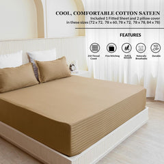 210 TC Cotton Double Bed Fitted Bedsheets With 2 Pillow Cases - 78 X 72 Inches, Taupe | Satin Stripes Wrinkle Free | Comfortable Fabric Bedsheet