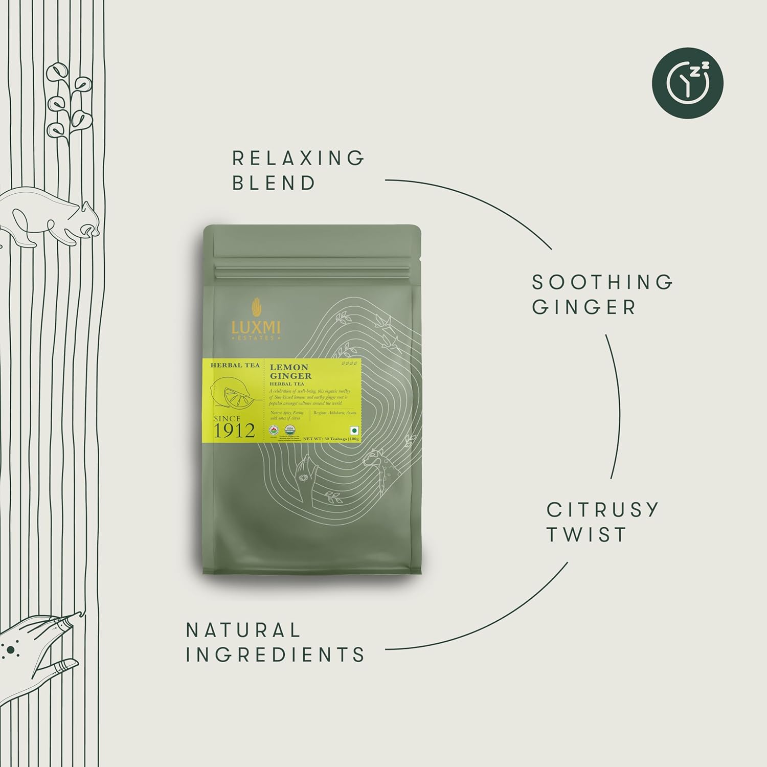 Luxmi Estates Lemon Ginger Herbal Tea - 100gm, 3.5 Ounce, 50 Tea Bags | USDA Organic Certified Herbal Tea - Made With Lemon Peel, Ginger, Lemongrass, Licorice | Caffeine Free Herbal Tea Luxmi Estates Lemon Ginger Herbal Tea - 100gm, 3.5 Ounce, 50 Tea Bags | USDA Organic Certified Herbal Tea - Made With Lemon Peel, Ginger, Lemongrass, Licorice | Caffeine Free Herbal Tea