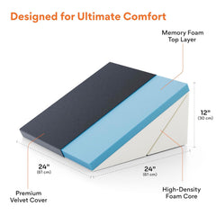 Wedge Pillow For Back Support, Velvet Dark Grey, Xl Size - 24 X 24 X 12 Inch | Adjustable Memory Foam Bed Wedge Pillow For Sleeping | Acid Reflux, Snoring, Pregnancy, Breathable