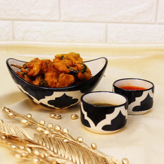 Black Moroccan Hand Painted Ceramic Serving Bowl Set Of 2 Pcs For Snacks, Dinner - 190ml Each | Microwave Safe & Dishwasher Safe