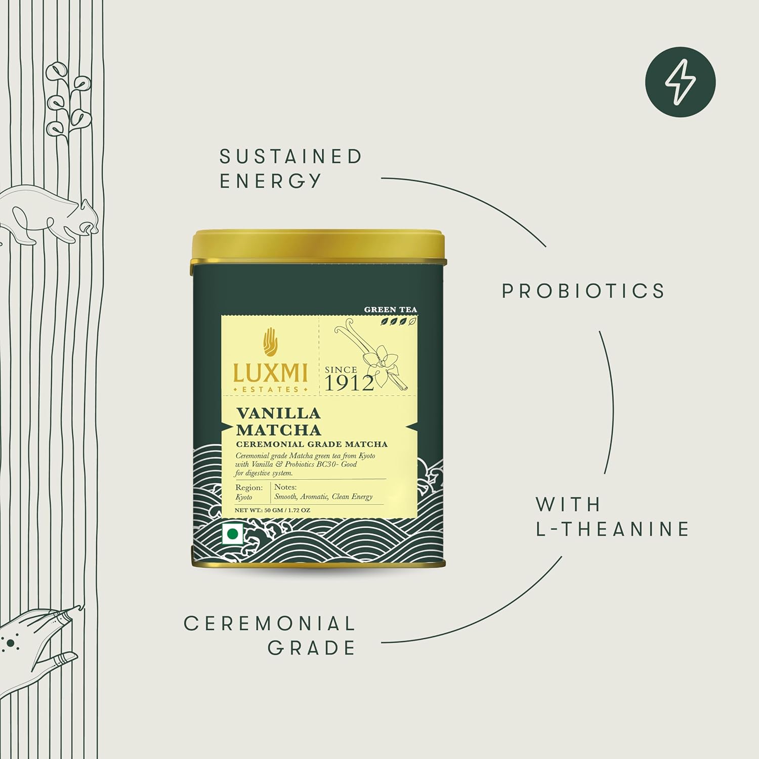 Luxmi Estates Vanilla Matcha + Probiotics Green Tea - 50gm, 1.7 Ounce | USDA Certified Organic Tea - Pure Ceremonial Grade Matcha Green Tea Powder | Caffeine Free Green Tea Luxmi Estates Vanilla Matcha + Probiotics Green Tea - 50gm, 1.7 Ounce | USDA Certified Organic Tea - Pure Ceremonial Grade Matcha Green Tea Powder | Caffeine Free Green Tea