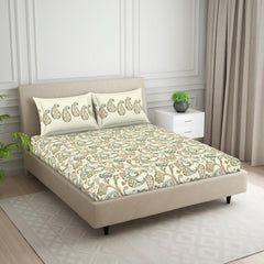 Double Bedsheet With 2 Pillow Covers (Size 88 X 100 Inch) Cream | Breathable Pure Cotton Queen Size Bedsheet | Floral Design Bedsheet
