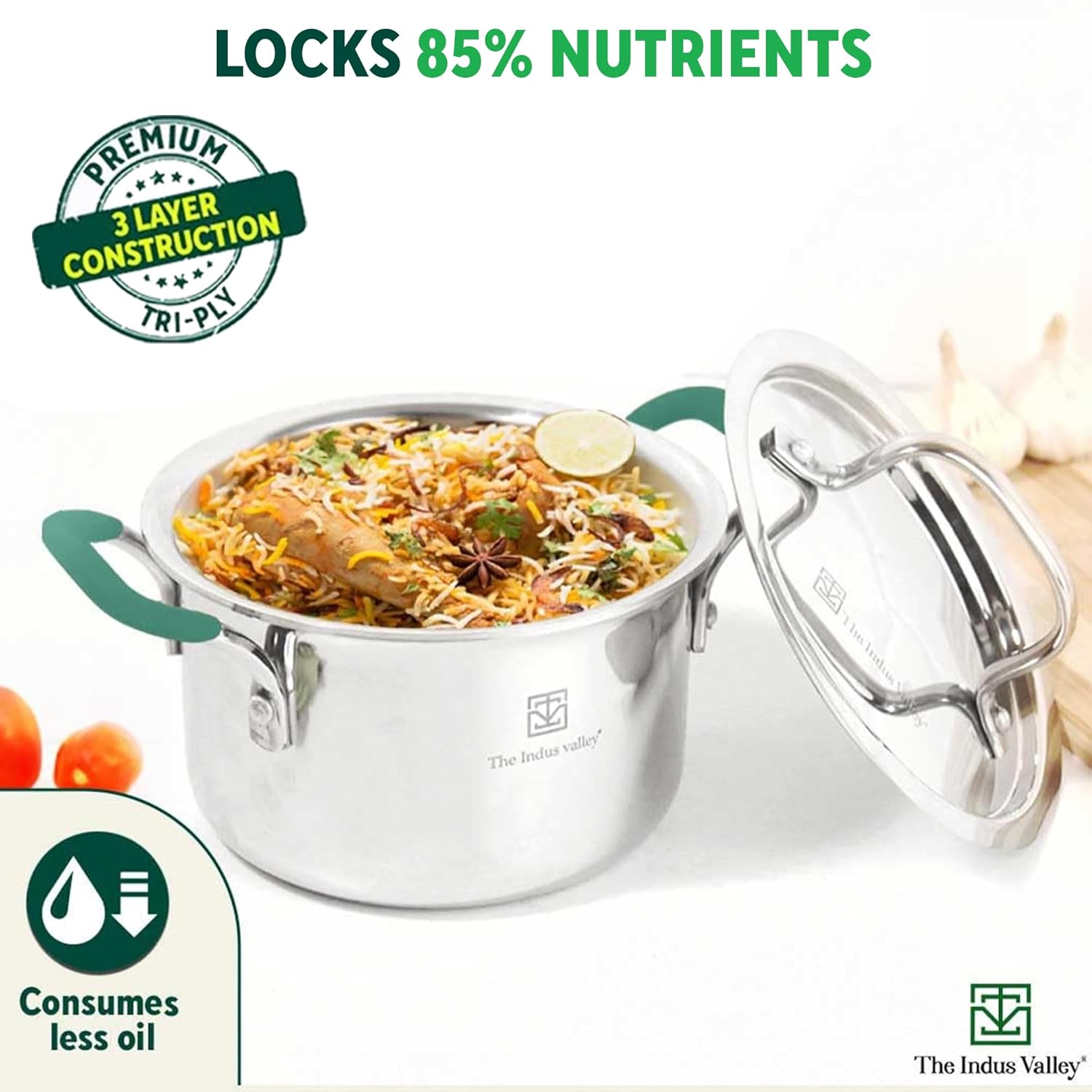 Triply Stainless Steel Stock Pot Or Biryani Pot Or Casserole With Free Wooden Spatula | Medium, 21.6cm, 8.5 Inch, 2.9 Liter, 1.4 Kg - Induction Friendly, Non-Stick 3-Layer Body, 100% Toxin-Free Triply Stainless Steel Stock Pot Or Biryani Pot Or Casserole With Free Wooden Spatula | Medium, 21.6cm, 8.5 Inch, 2.9 Liter, 1.4 Kg - Induction Friendly, Non-Stick 3-Layer Body, 100% Toxin-Free
