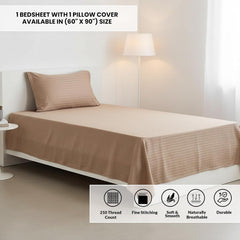 Soft Cotton Single Bedsheet With 1 Piece Pillow Cover - 60 X 90 Inches, Taupe | Lightweight, Breathable & Easy To Maintain Bedsheet