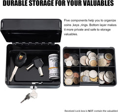 Portable Locking 6 Inch Small Cash Box For Money Coin, Colour - Black , Material - Metal, 18D X 15W X 8H