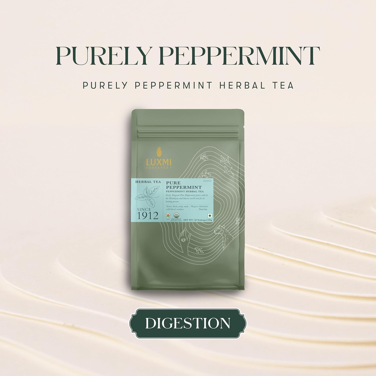 Luxmi Estates Pure Peppermint Herbal Tea - 100gm, 3.5 Ounce, 50 Tea Bags | USDA Certified Organic Tea - Caffeine Free Herbal Tea | Rich In Antioxidants, Additives Free - Mint Tea Best For Night Time Luxmi Estates Pure Peppermint Herbal Tea - 100gm, 3.5 Ounce, 50 Tea Bags | USDA Certified Organic Tea - Caffeine Free Herbal Tea | Rich In Antioxidants, Additives Free - Mint Tea Best For Night Time