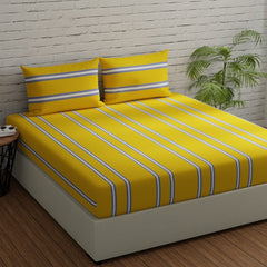 Bedsheets For King Size Bed With 2 Pillow Covers - 108 X 108 Inches, Striped Yellow & Grey | Perfect For Home Decor & Gifts | 144 Thread Count