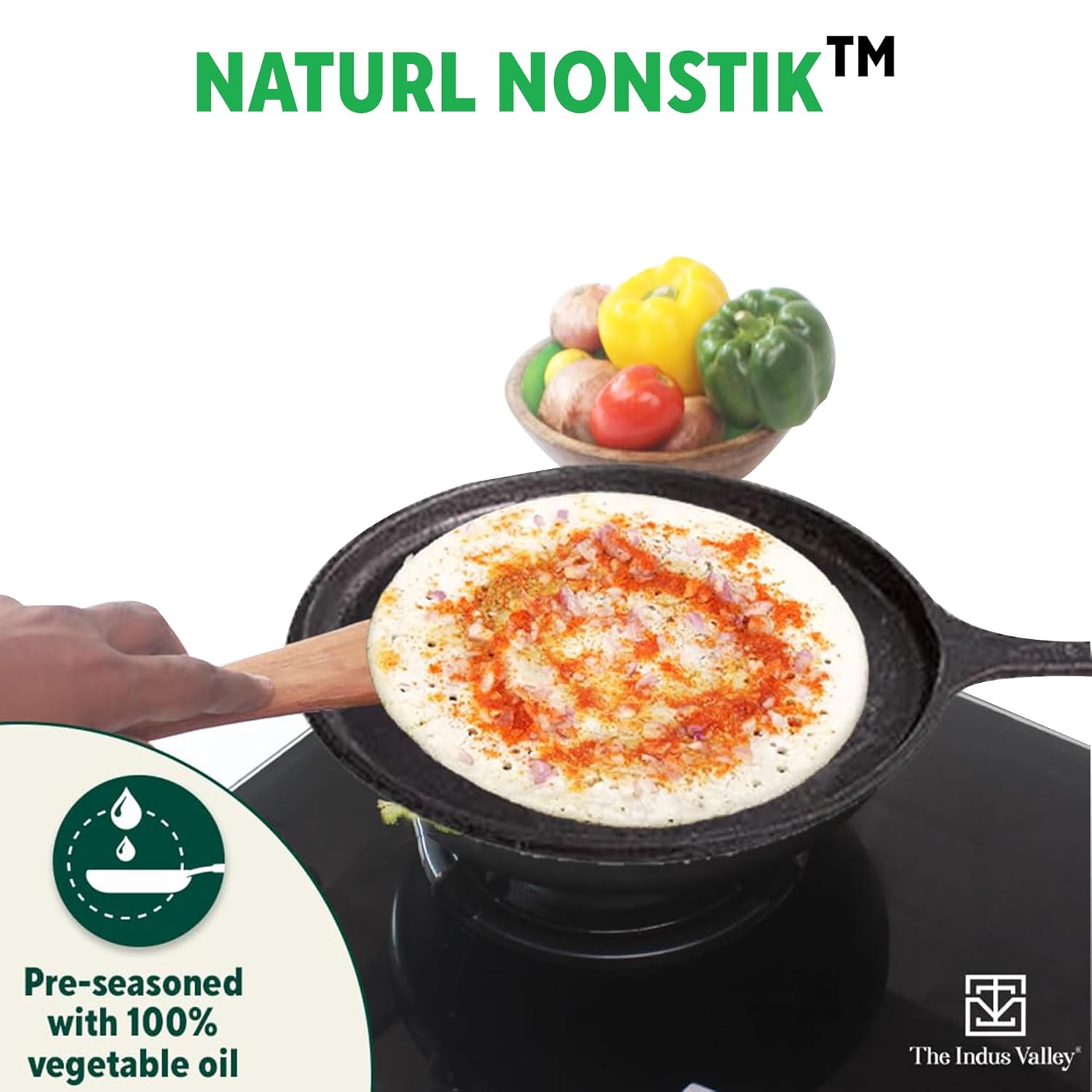 Pre-Seasoned Black Cast Iron Tawa With Free Wooden Spatula For Dosa, Chapathi - 25.7cm, 10.3 Inch, 2 Kg | Induction Friendly, Naturally Nonstick, 100% Pure & Toxin-Free, No Chemical Coating Pre-Seasoned Black Cast Iron Tawa With Free Wooden Spatula For Dosa, Chapathi - 25.7cm, 10.3 Inch, 2 Kg | Induction Friendly, Naturally Nonstick, 100% Pure & Toxin-Free, No Chemical Coating