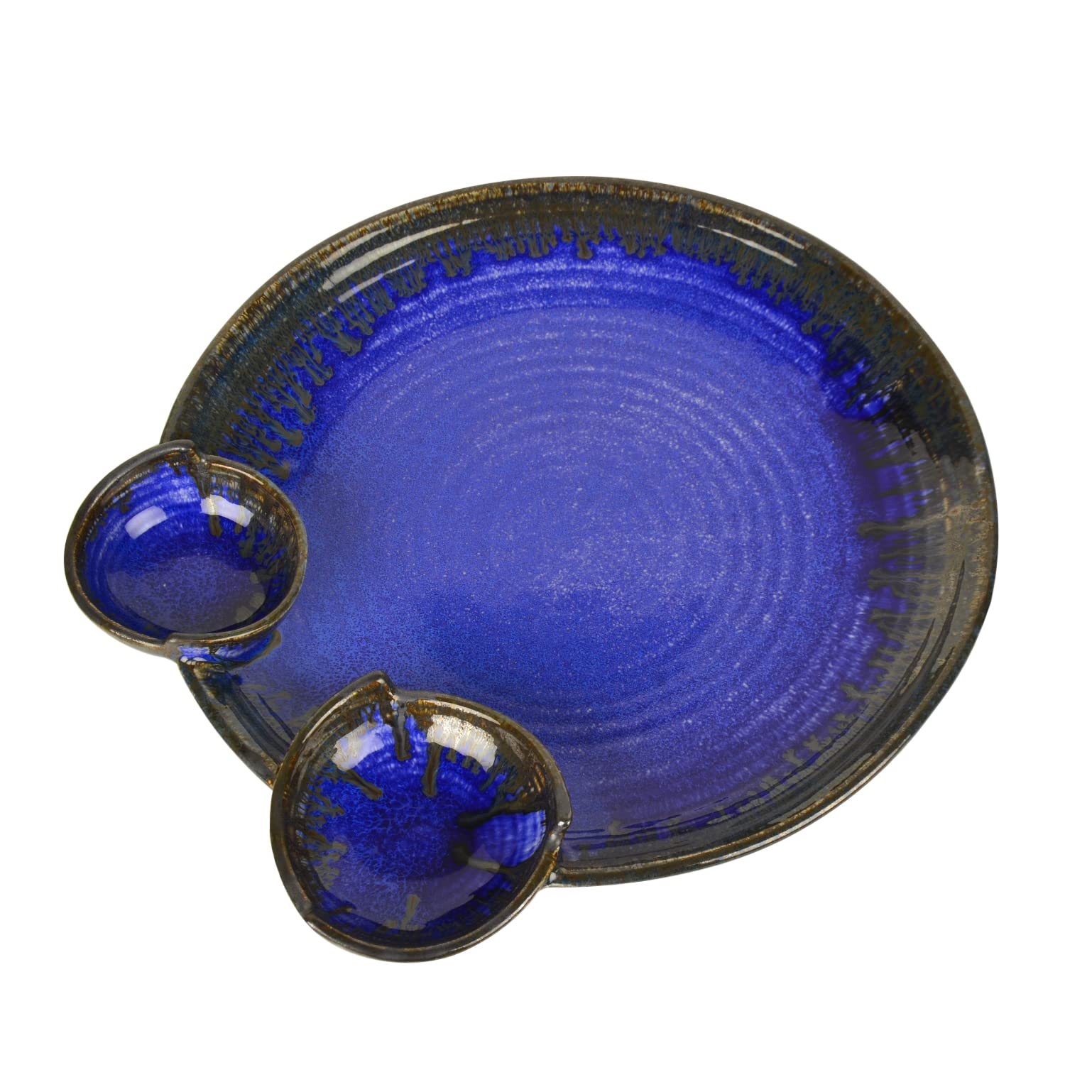 Ceramic Chip & Dip Platter With 2 Fixed Dip Bowls - Prussian Blue, 12 Inches, 1200 Gm | Starter Serving Tray - Luxurious Midnight Blue Ceramic Chip & Dip Platter With 2 Fixed Dip Bowls - Prussian Blue, 12 Inches, 1200 Gm | Starter Serving Tray - Luxurious Midnight Blue