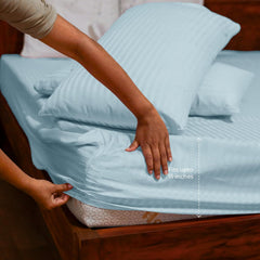 Stripe Cotton Fitted King Bedsheet With 2 Pillow Covers - 72x78 Inches, Sky Blue | 12"Deep Pocket-1 Elastic Fitted-Sateen Weave Premium Bedding Set For Double Bed