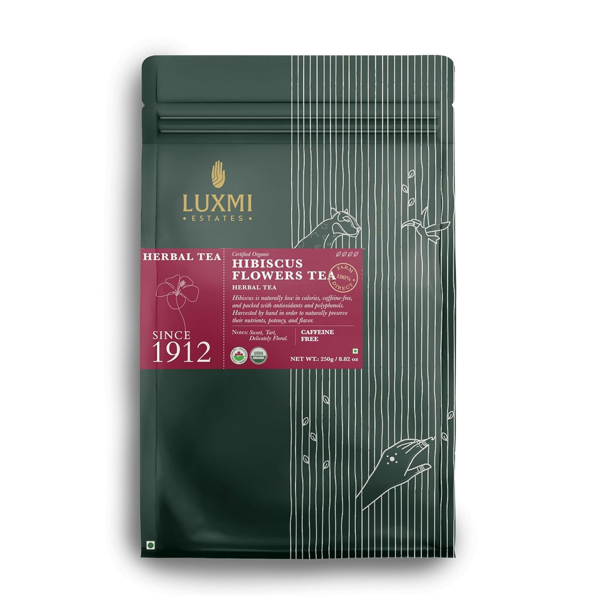 Luxmi Estates Hibiscus Flowers Herbal Tea - 250gm, 8.8 Ounce, 125 Cups | USDA Certified Organic Tea - Caffeine Free Herbal Tea | Cut & Sifted, Gluten Free, Non GMO, Great For Iced Tea & Hot Tea