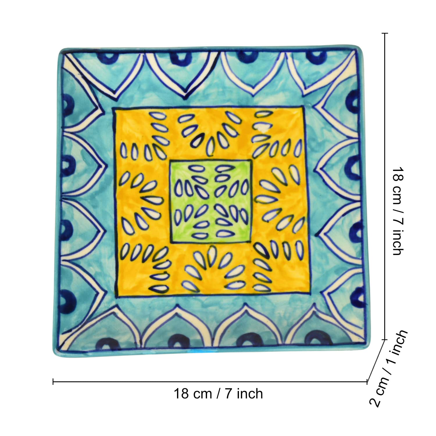 Premium Hand Painted In Traditional Design Ceramic Square Platter - Blue & Yellow, L X B – 18 Cm X 18 Cm | Starter Serving Tray Premium Hand Painted In Traditional Design Ceramic Square Platter - Blue & Yellow, L X B – 18 Cm X 18 Cm | Starter Serving Tray