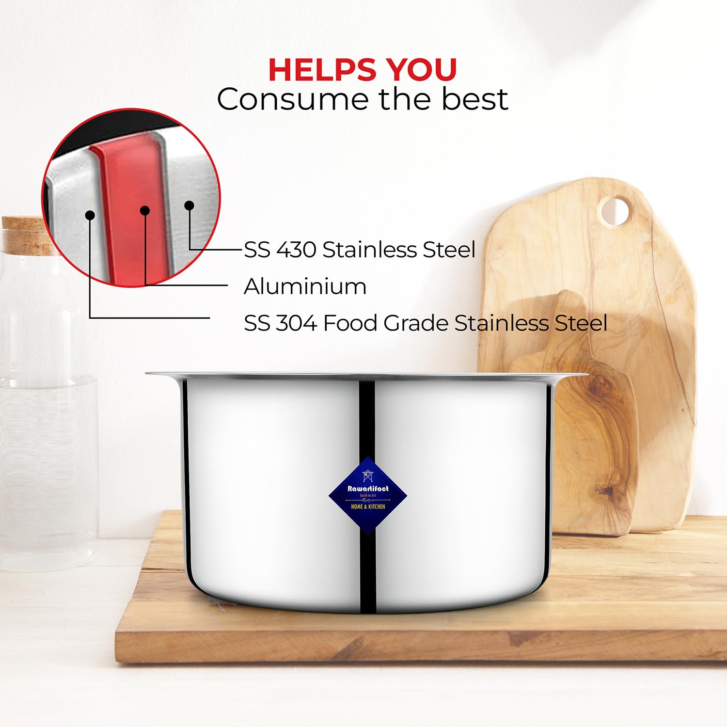 Multi Layered Material Polish Stainless Steel Cookware Handi, 1.5 Liters For Grains, Soups, Canning, Desserts, Broth - Compatible With Gas & Induction Multi Layered Material Polish Stainless Steel Cookware Handi, 1.5 Liters For Grains, Soups, Canning, Desserts, Broth - Compatible With Gas & Induction