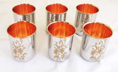Copper Stainless Steel Glass Set Of 6 Pieces - 325ml Each | Printed Floral Design - Tableware Set